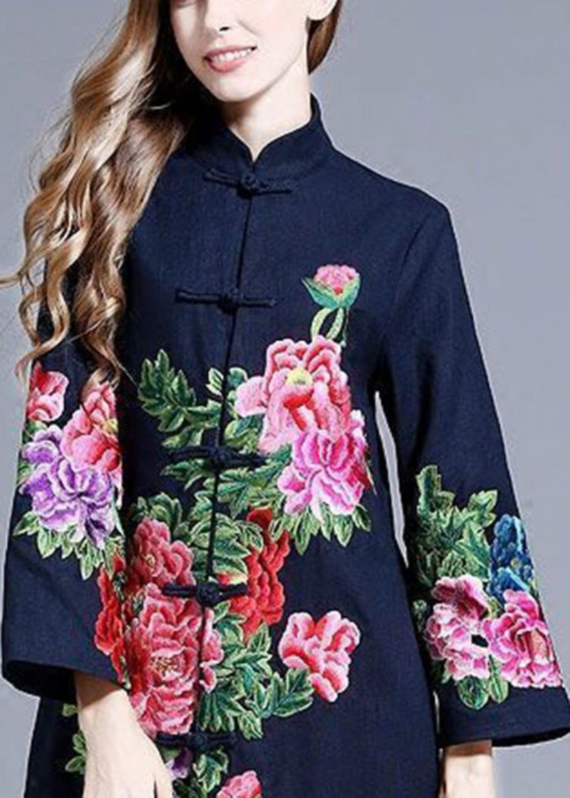 Vakker Navy Stand Collar Brodert Floral Button Coats Langermet - Vinterfrakker for kvinner