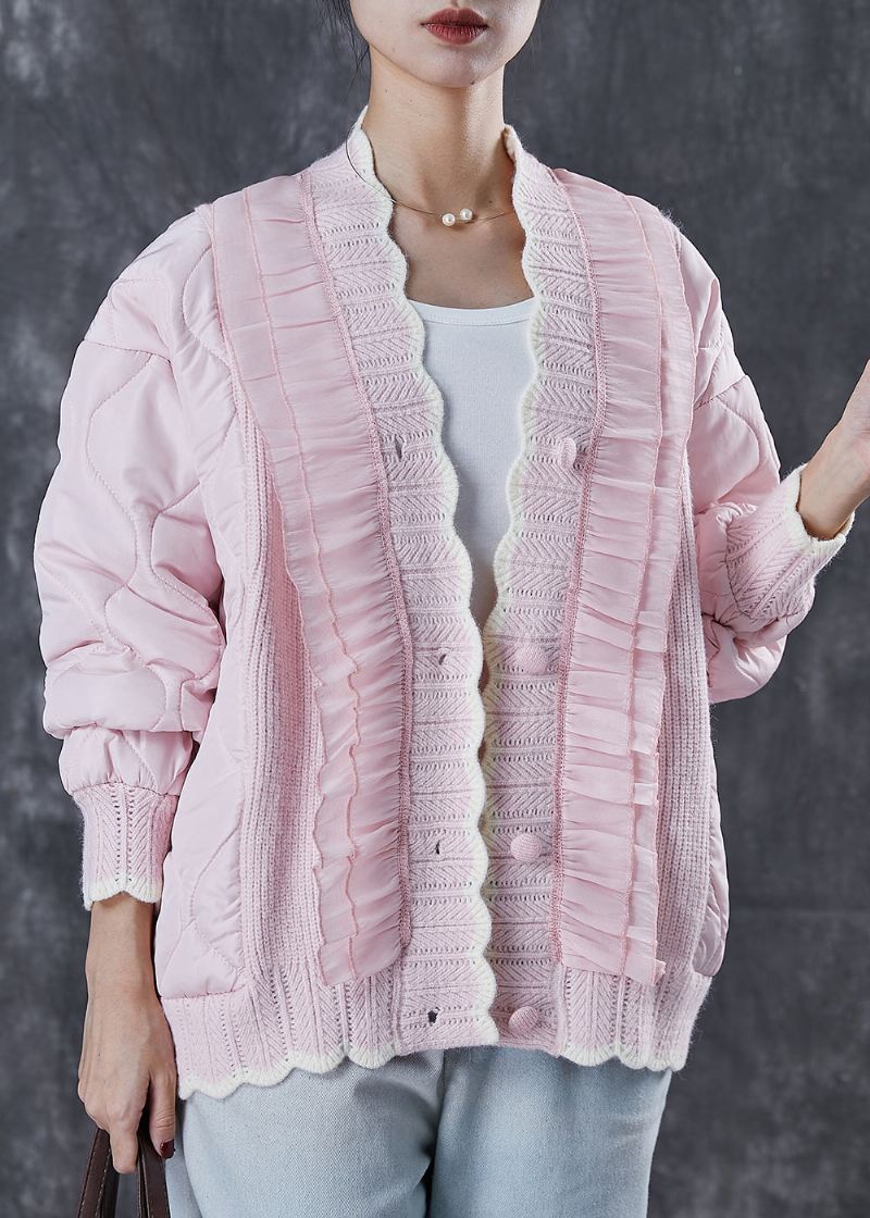 Vakker Rosa Ruffled Patchwork Knit Fin Cotton Fylt Coat Spring - Vinterfrakker for kvinner