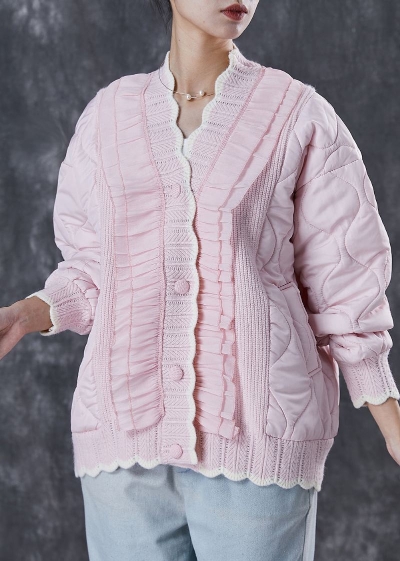 Vakker Rosa Ruffled Patchwork Knit Fin Cotton Fylt Coat Spring - Vinterfrakker for kvinner