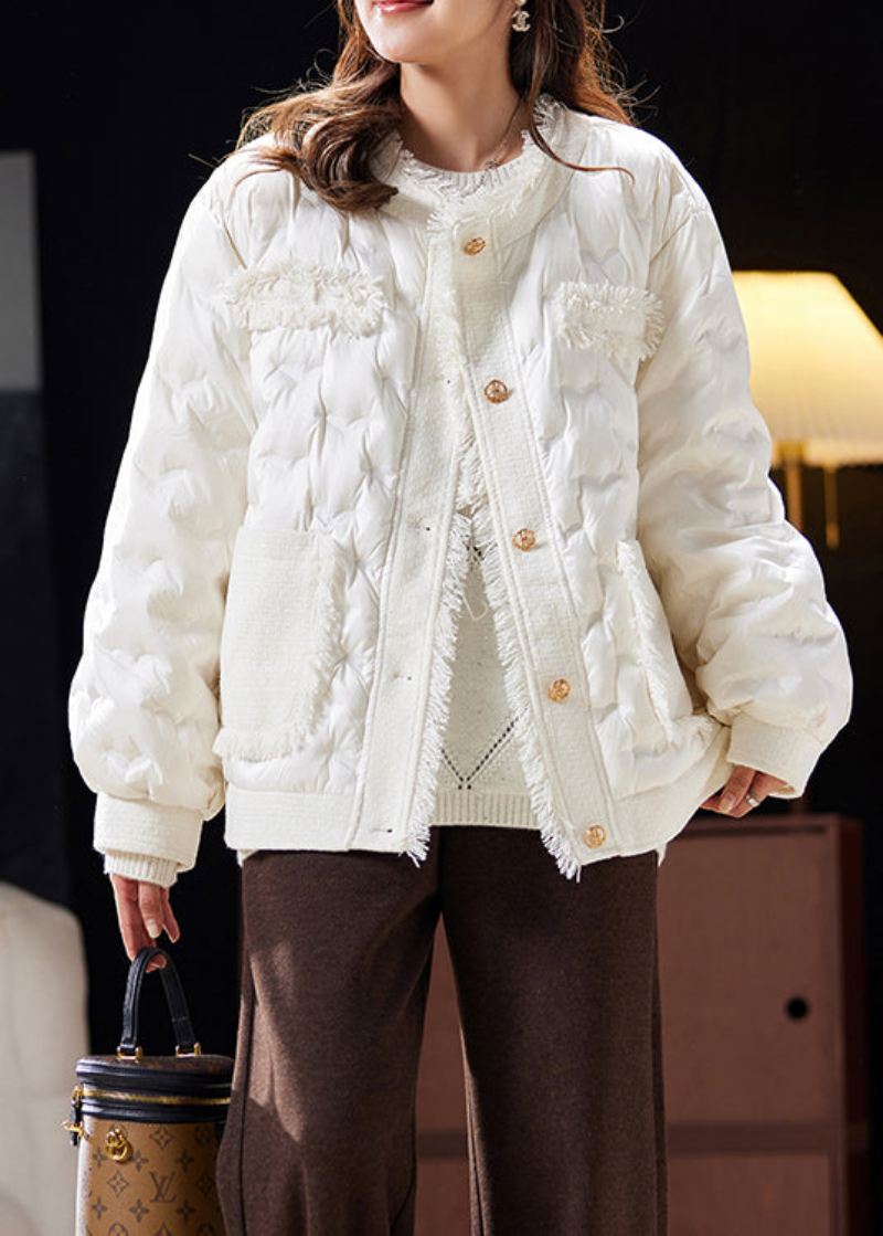 Vakre Beige Knappelommer Patchwork Duck Down Coat Langermet - Vinterfrakker for kvinner