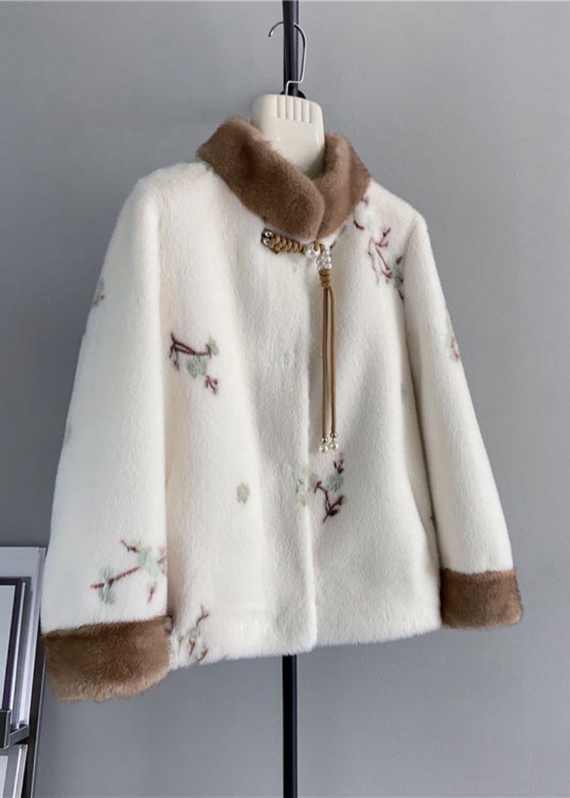 Vintage Beige Stativ Krage Dusket Brodert Mink Kasjmir Jakker Vinter - Vinterfrakker for kvinner