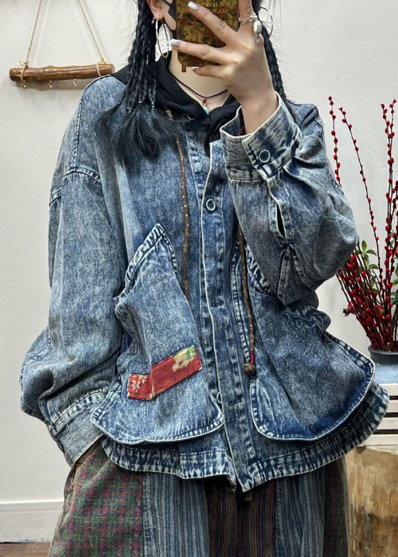 Vintage Blå Knapplommer Patchwork Denim Coat Fall