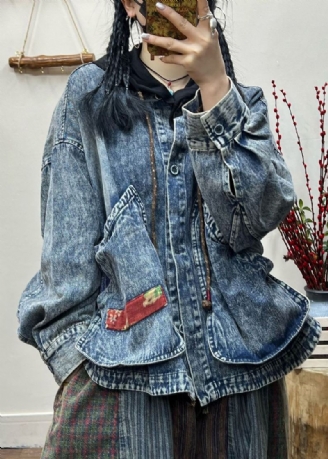 Vintage Blå Knapplommer Patchwork Denim Coat Fall