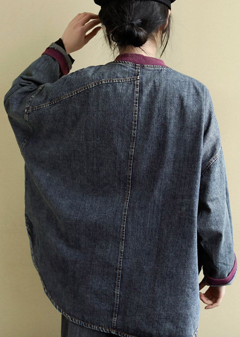 Vintage Blå O-hals Patchwork Lav Høy Design Bomull Denim Kåper Våren - Vinterfrakker for kvinner