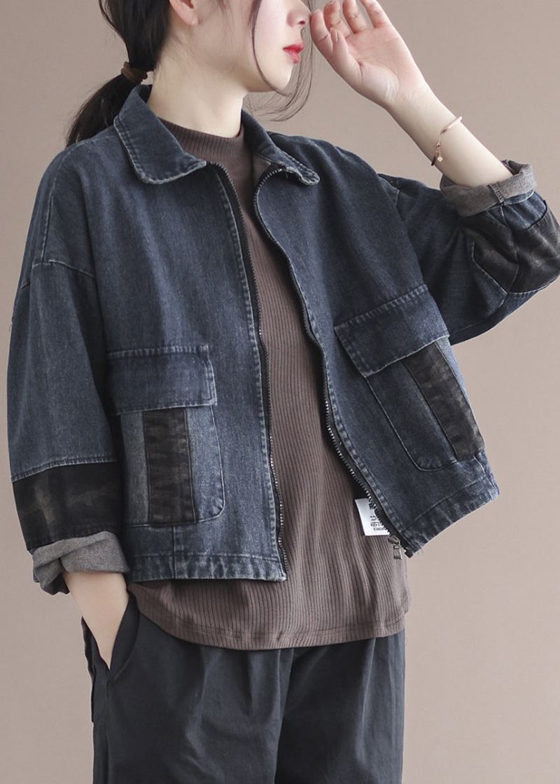 Vintage Blå Peter Pan Krage Patchwork Lommer Denim Coats Langermet - Blå