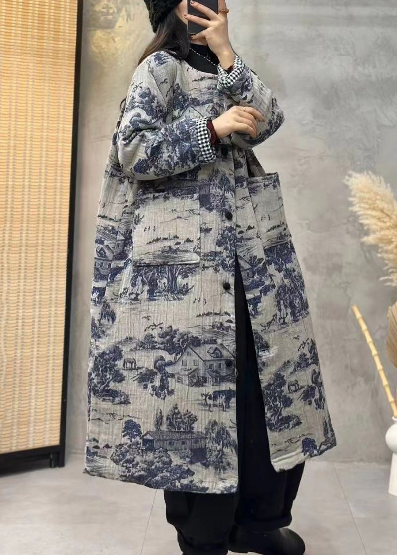 Vintage Blå Print Lommer Bomull Fylt Lang Trench Coat Ermet