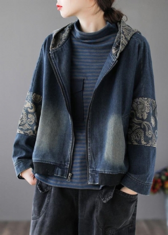 Vintage Blå V-hals Print Patchwork Glidelås Bomull Denim Coat Langermet