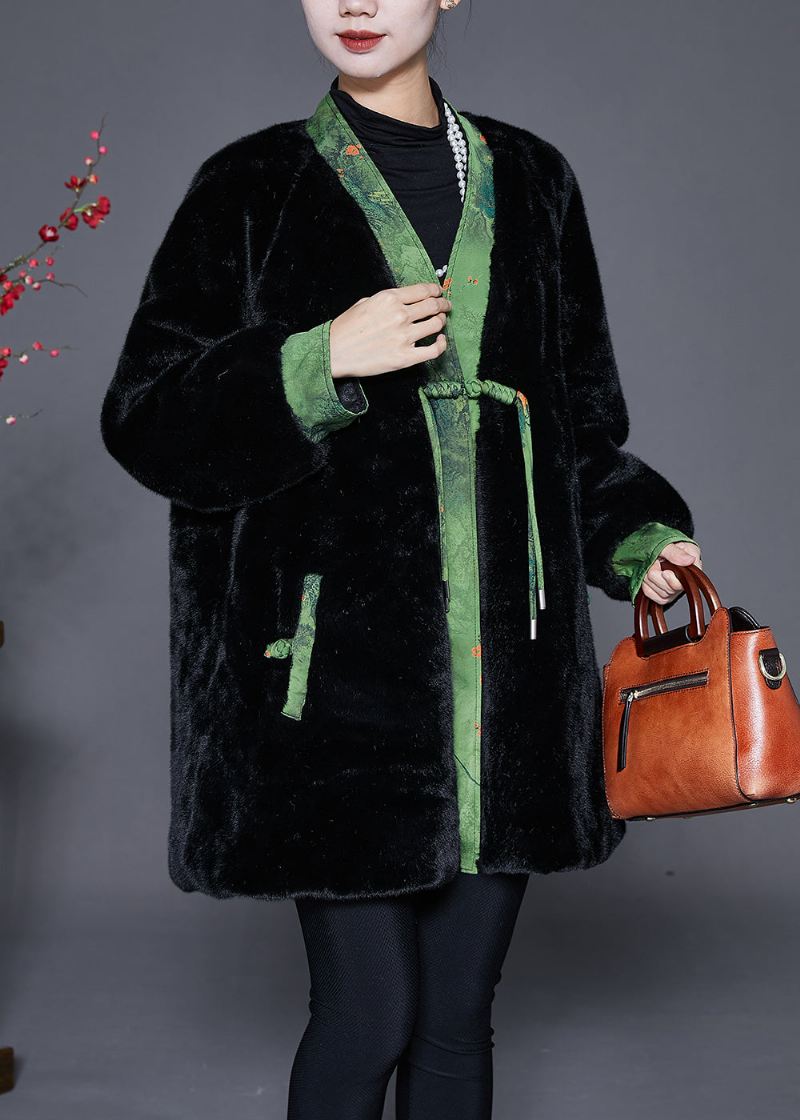 Vintage Black Oversized Patchwork Mink Velvet Coats Vinter - Vinterfrakker for kvinner