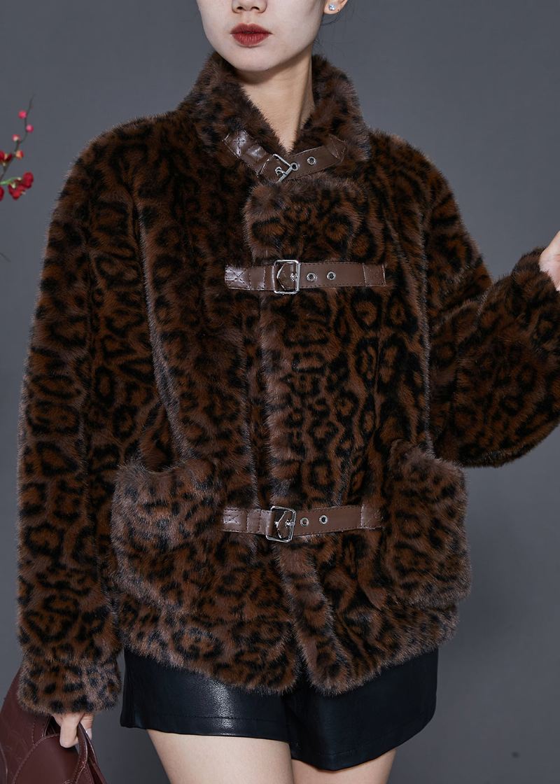 Vintage Brun Overdimensjonert Leopardprint Mink Fløyel Jakker Våren - Vinterfrakker for kvinner