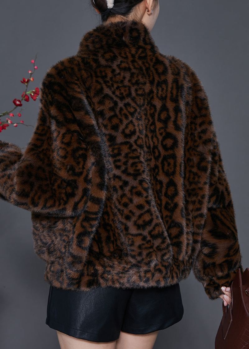 Vintage Brun Overdimensjonert Leopardprint Mink Fløyel Jakker Våren - Vinterfrakker for kvinner