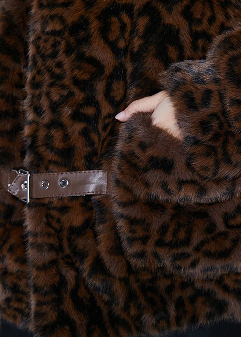 Vintage Brun Overdimensjonert Leopardprint Mink Fløyel Jakker Våren - Vinterfrakker for kvinner