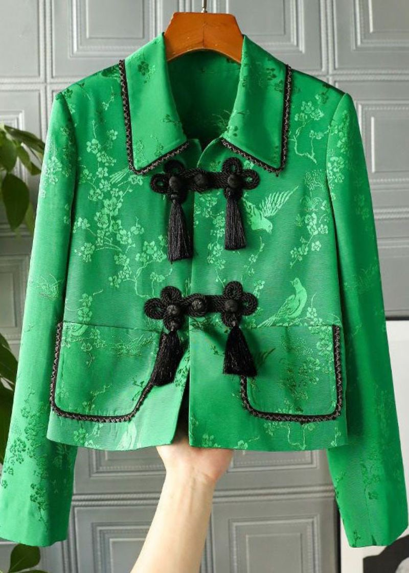 Vintage Grønn Peter Pan Krage Kinesisk Knappetrykk Patchwork Silk Coats Spring