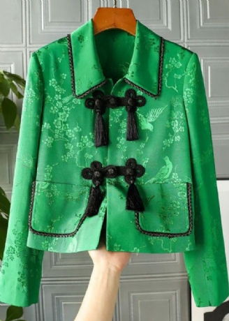 Vintage Grønn Peter Pan Krage Kinesisk Knappetrykk Patchwork Silk Coats Spring