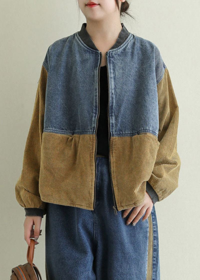 Vintage Khaki Zip Up Corduroy Patchwork Denim Coat Langermet