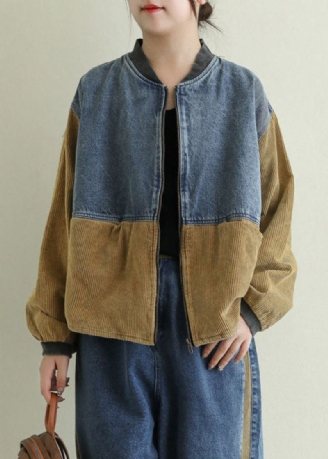 Vintage Khaki Zip Up Corduroy Patchwork Denim Coat Langermet