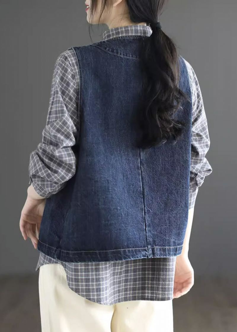 Vintage Mørkeblå O-hals Lommer Denim Vest Ermeløs - Mørkeblå