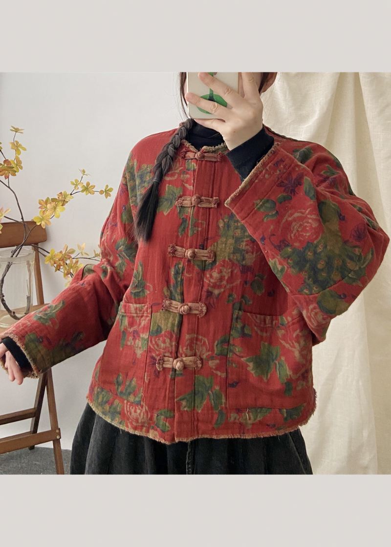 Vintage Orange Print Lommer Kinesisk Button Patchwork Cotton Coat Fall - Vinterfrakker for kvinner