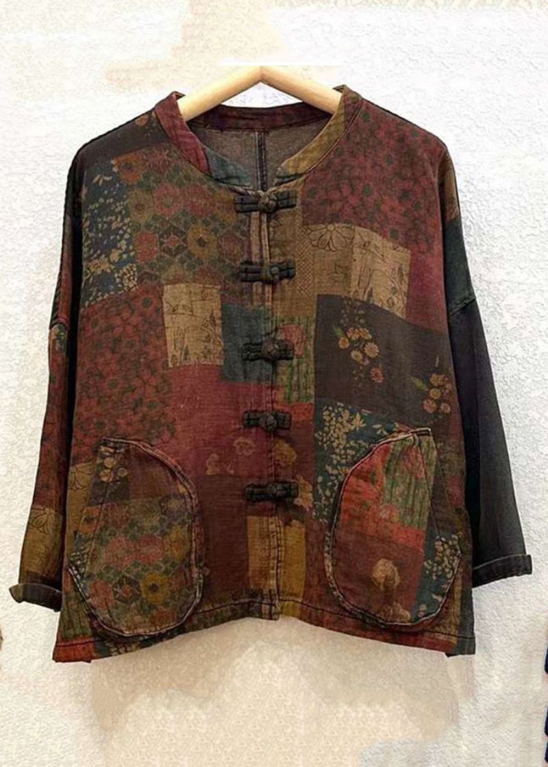 Vintage Print Button Patchwork Cotton Coat Langermet