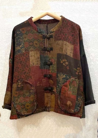 Vintage Print Button Patchwork Cotton Coat Langermet