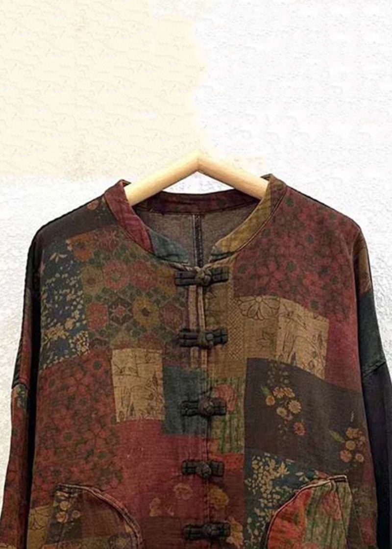 Vintage Print Button Patchwork Cotton Coat Langermet - Vinterfrakker for kvinner