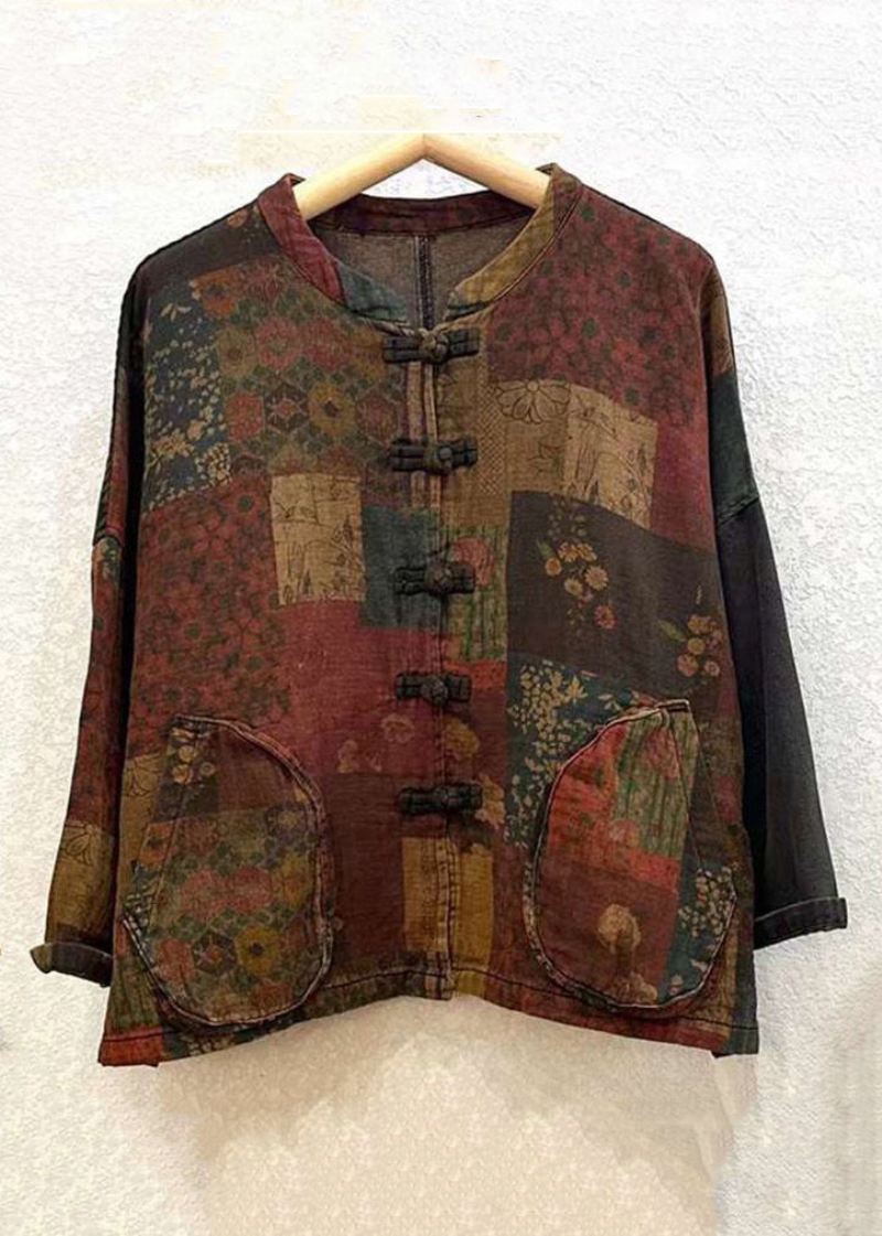 Vintage Print Button Patchwork Cotton Coat Langermet - Vinterfrakker for kvinner