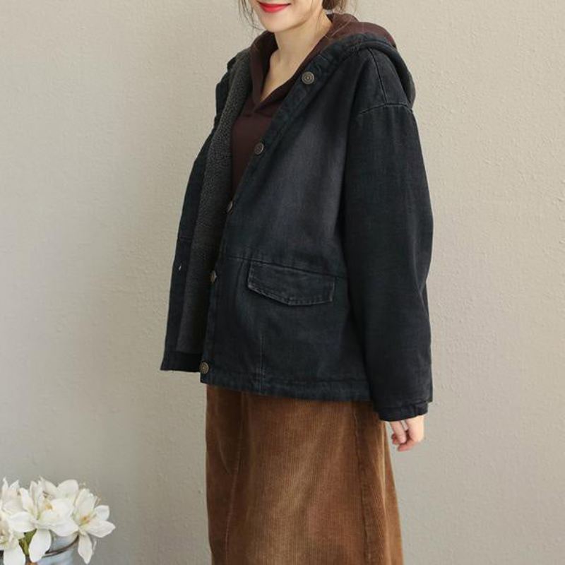 Vintersvart Hettegenser Kort Casual Denim Coat Dame Løs Jakke - Vinterfrakker for kvinner