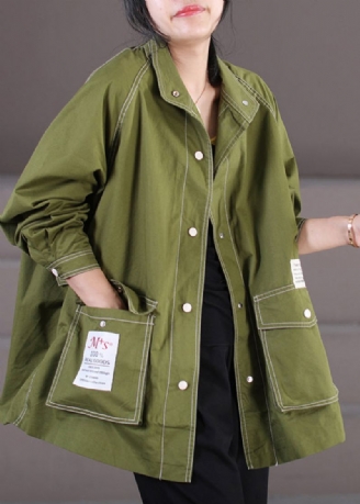 Vogue Army Green Peter Pan Krage Patchwork Button Coats Fall