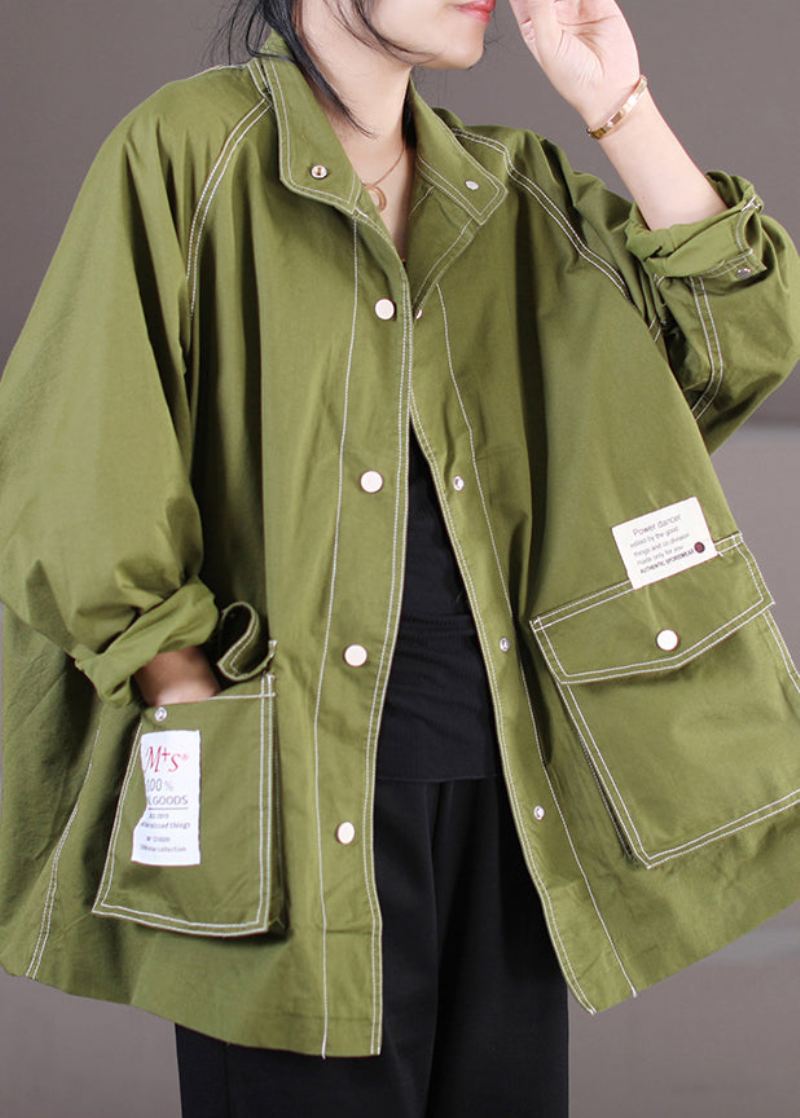 Vogue Army Green Peter Pan Krage Patchwork Button Coats Fall - Army Green