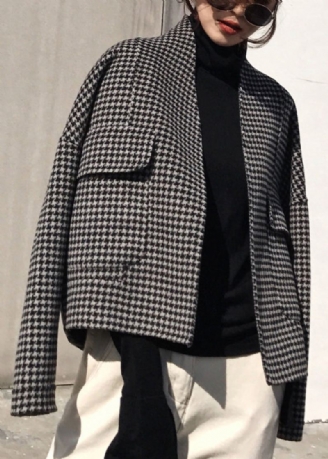 Vogue Black Notched Plaid Lommer Cashmere Coat Langermet