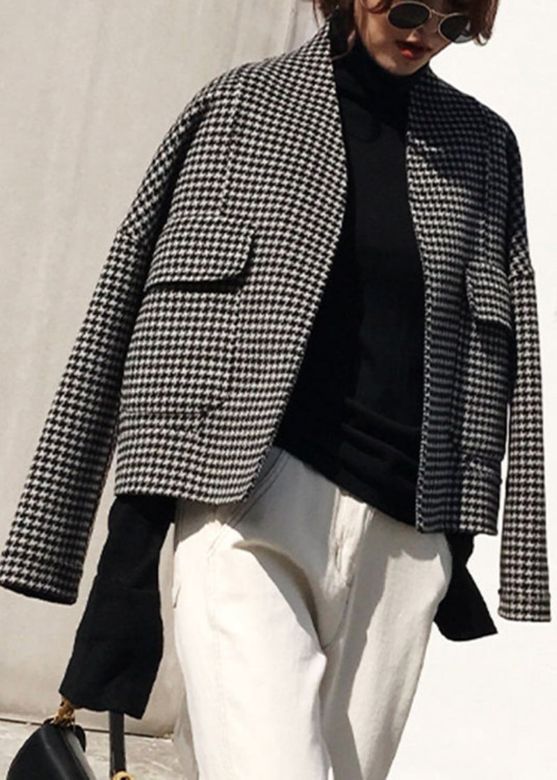 Vogue Black Notched Plaid Lommer Cashmere Coat Langermet - Vinterfrakker for kvinner