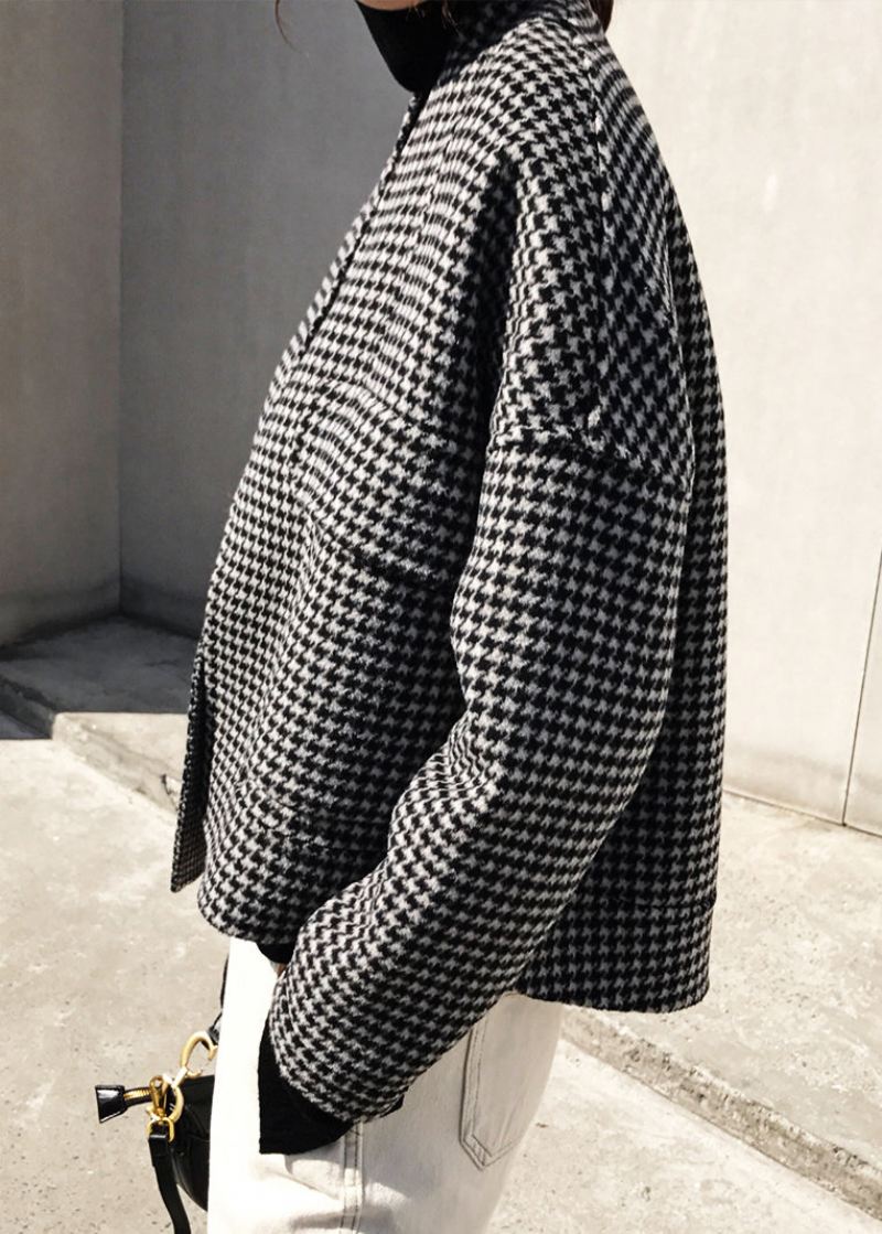 Vogue Black Notched Plaid Lommer Cashmere Coat Langermet - Vinterfrakker for kvinner