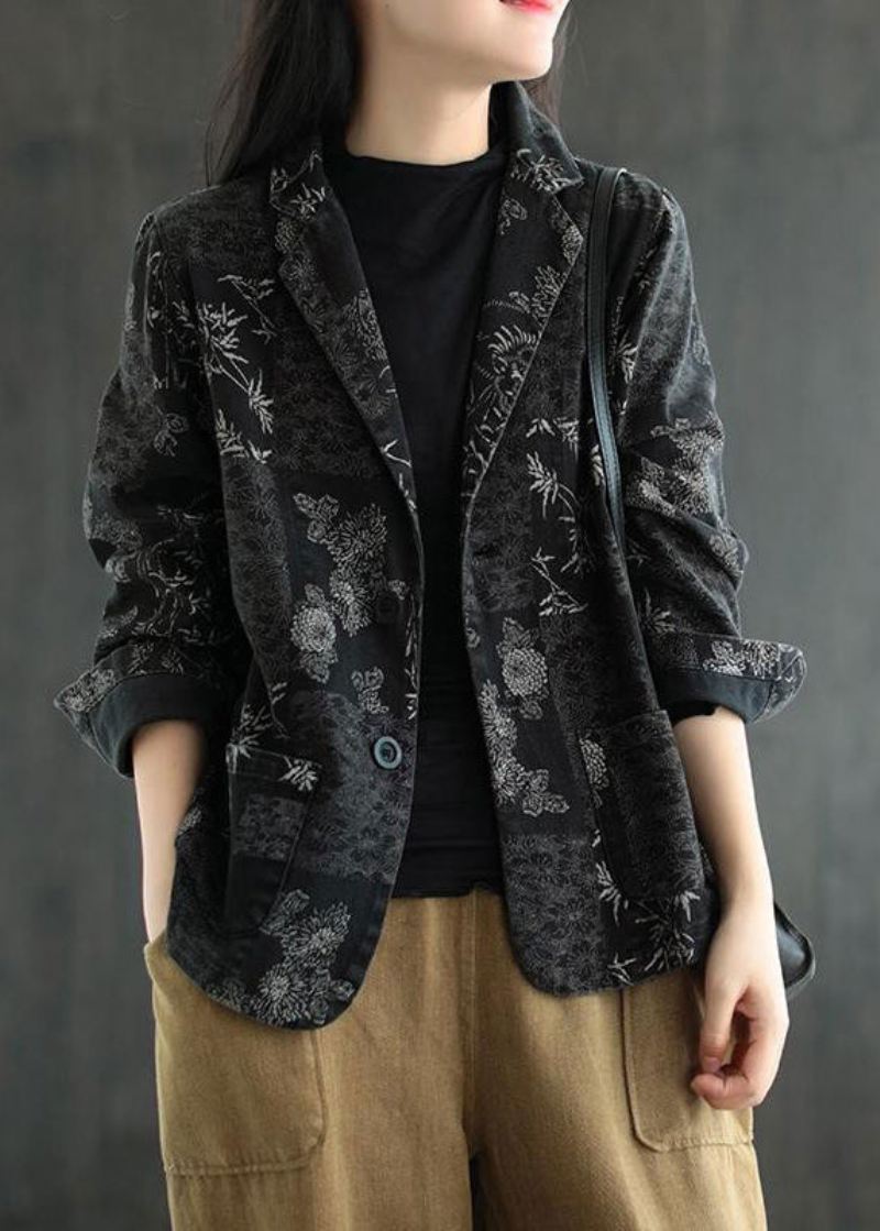 Vogue Black Notched Print Denim Coats Høst