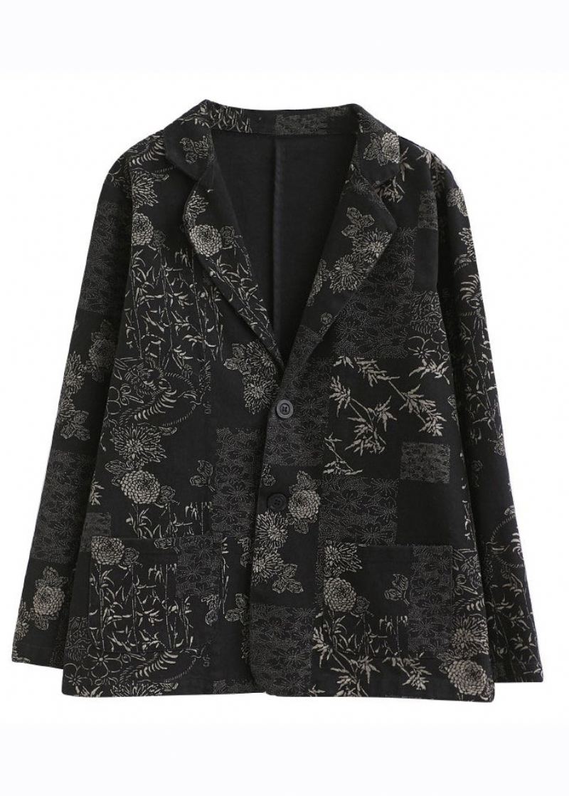 Vogue Black Notched Print Denim Coats Høst - Vinterfrakker for kvinner