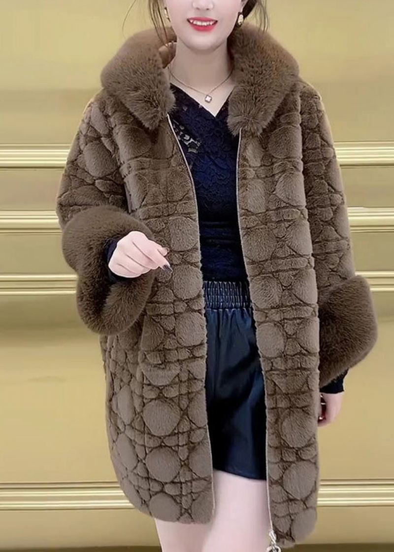 Vogue Brown Pelskrage Glidelås Mink Velvet Tykke Hettefrakker Vinter