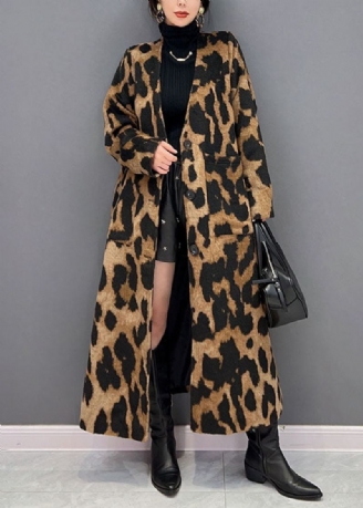 Vogue Chocolate V-hals Oversized Leopard Print Ma Hai Mao Lang Frakk Vinter