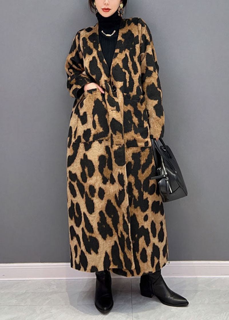 Vogue Chocolate V-hals Oversized Leopard Print Ma Hai Mao Lang Frakk Vinter - Vinterfrakker for kvinner