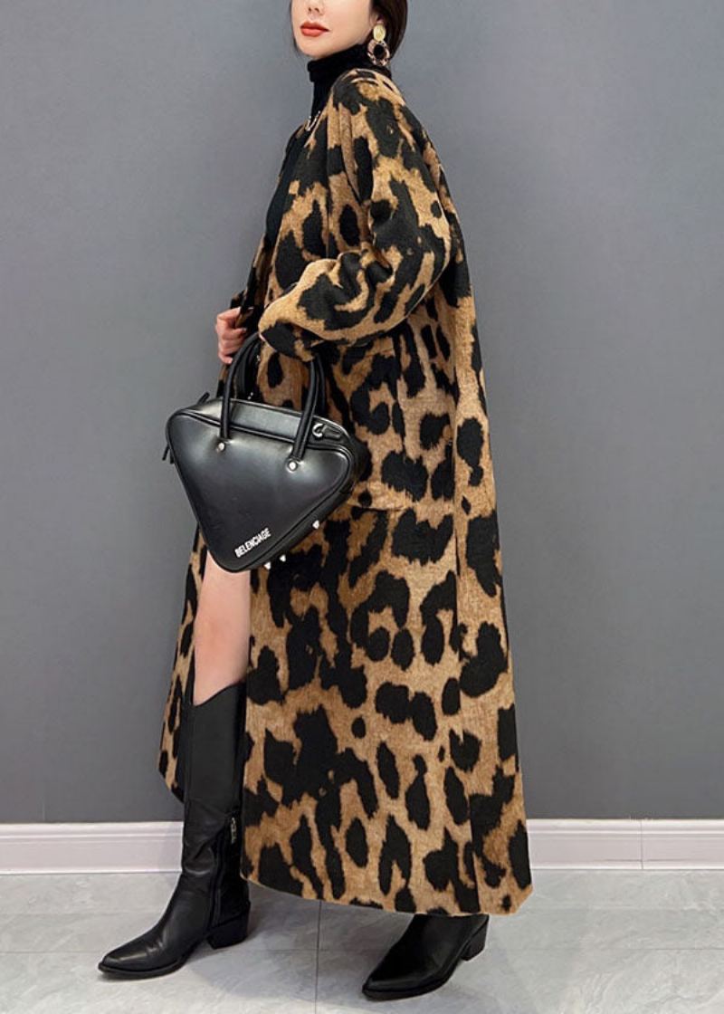 Vogue Chocolate V-hals Oversized Leopard Print Ma Hai Mao Lang Frakk Vinter - Vinterfrakker for kvinner