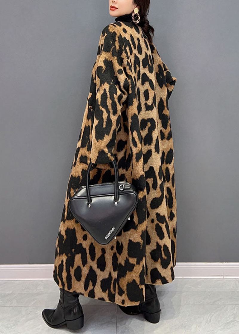 Vogue Chocolate V-hals Oversized Leopard Print Ma Hai Mao Lang Frakk Vinter - Vinterfrakker for kvinner