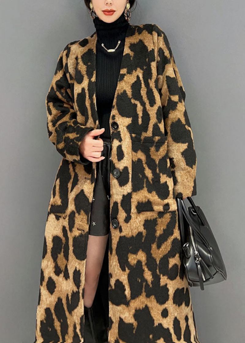 Vogue Chocolate V-hals Oversized Leopard Print Ma Hai Mao Lang Frakk Vinter - Vinterfrakker for kvinner