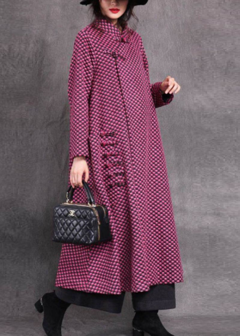 Vogue Rose Stand Krage Asymmetrisk Ruteknapp Ull Maxi Coats Spring