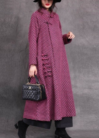 Vogue Rose Stand Krage Asymmetrisk Ruteknapp Ull Maxi Coats Spring