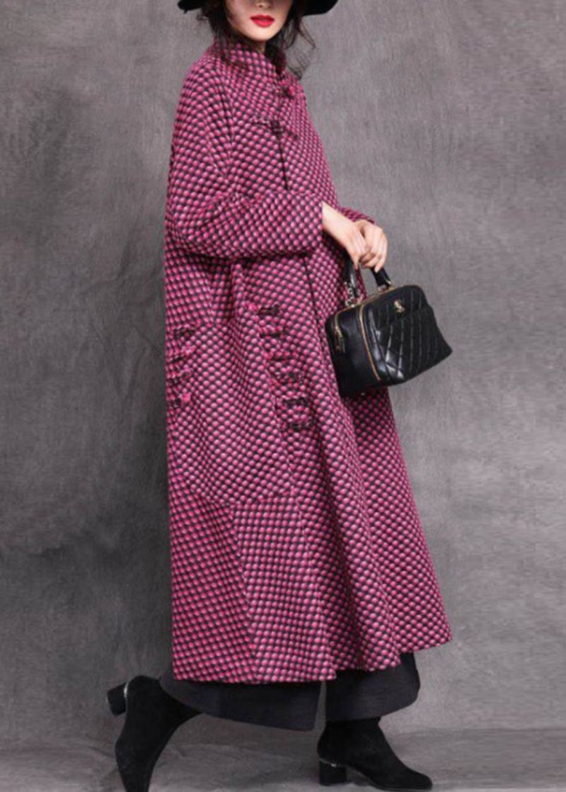 Vogue Rose Stand Krage Asymmetrisk Ruteknapp Ull Maxi Coats Spring - Rose