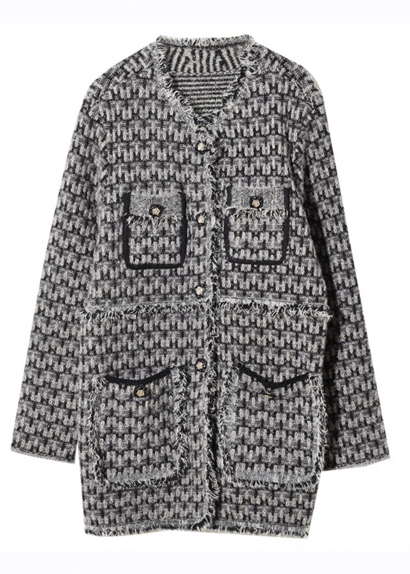 Vogue Svart V-halslommer Button Plaid Strikk Coat Fall - Vinterfrakker for kvinner