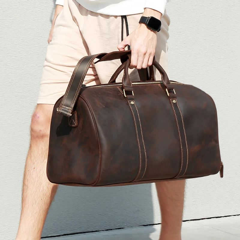 Ekte Skinn Stor Duffel Bag Business Reiseveske For Menn Crazy Horse Leather Retro Herre Weekend Bag - Kaffe