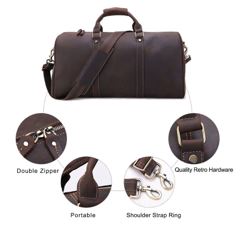 Ekte Skinn Stor Duffel Bag Business Reiseveske For Menn Crazy Horse Leather Retro Herre Weekend Bag - Kaffe