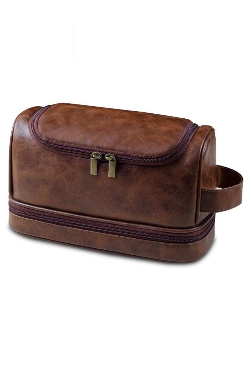 Menn Leather Travel Organizer Kit Med Hengende Krok Stor Vanntett