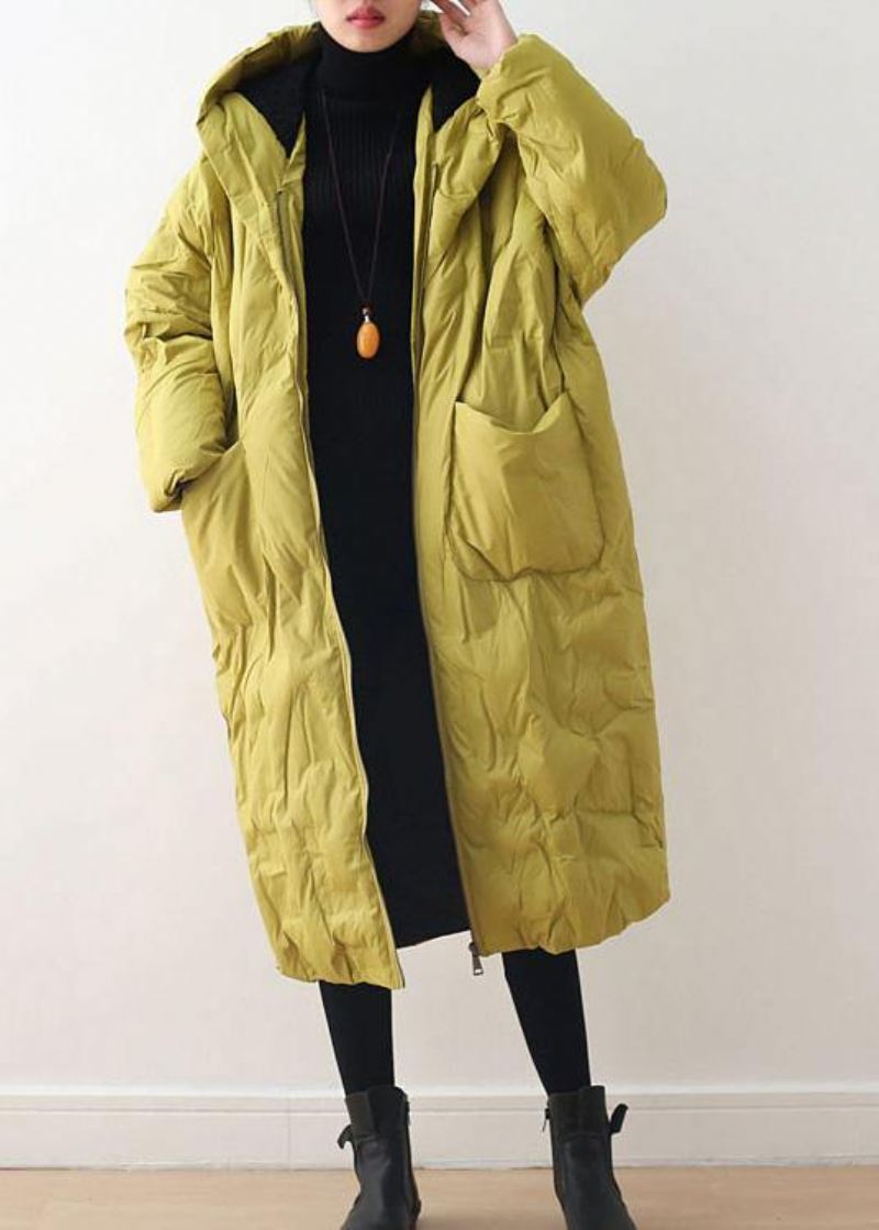 2024 Blackish Green Warm Down Coat Original Design Litterær Retro Overfrakk - Gul