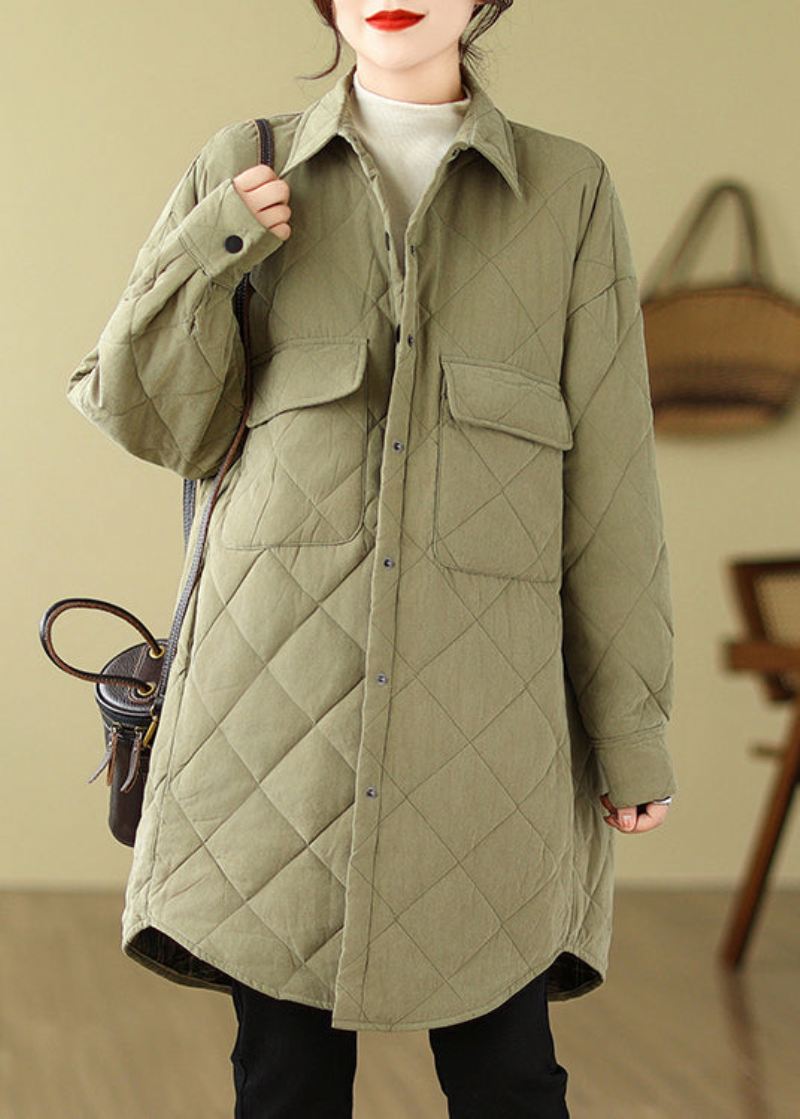 Army Green Fine Cotton Fylt Parka Oversized Lommer Vinter - Dunjakker for kvinner