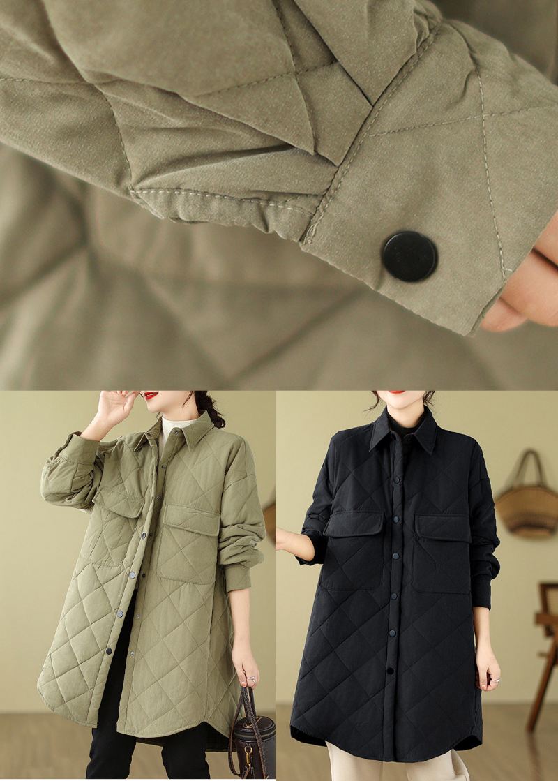 Army Green Fine Cotton Fylt Parka Oversized Lommer Vinter - Dunjakker for kvinner