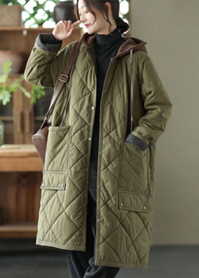 Army Green Pockets Button Tykk Hette Parka Langermet